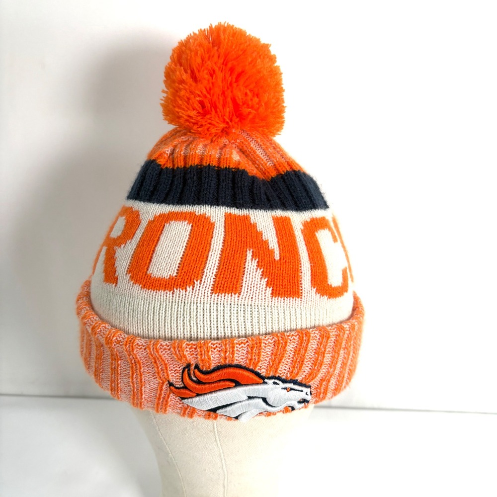 New Era Denver Broncos Beanie Orange Blue White Cuffed Pom Knit Hat NFL Fleece